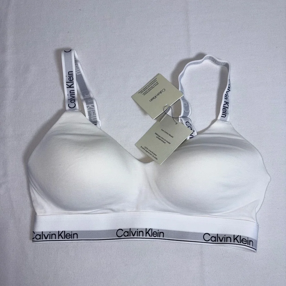 Calvin Klein Bralette Medium White NEW Icon Cotton Modal Logo Straps